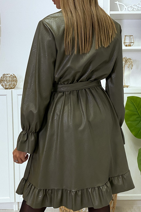 Khaki faux leather wrap dress with flounce - 6