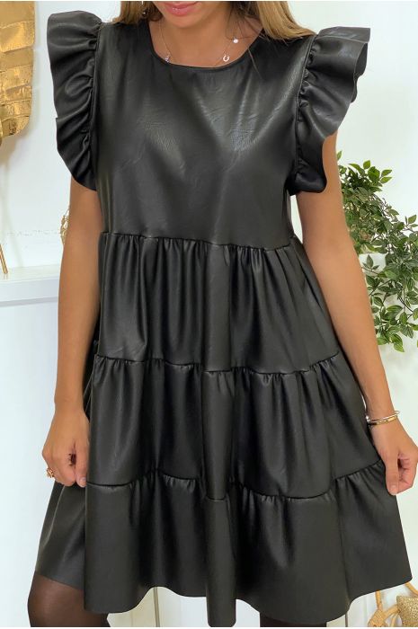 Robe noir en simili avec volant aux épaules et à la jupe - 3