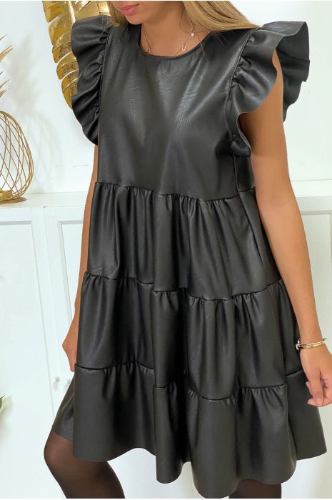 Robe noir en simili avec volant aux épaules et à la jupe - 4