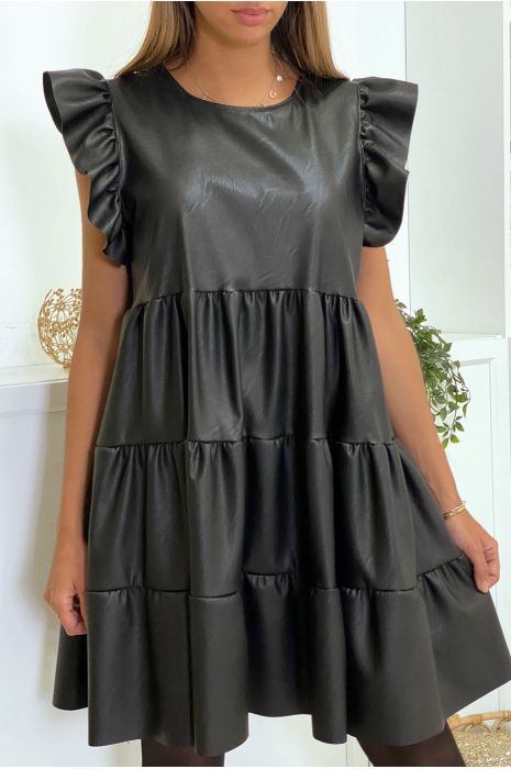 Robe noir en simili avec volant aux épaules et à la jupe - 5