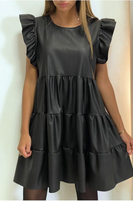 Robe noir en simili avec volant aux épaules et à la jupe - 6