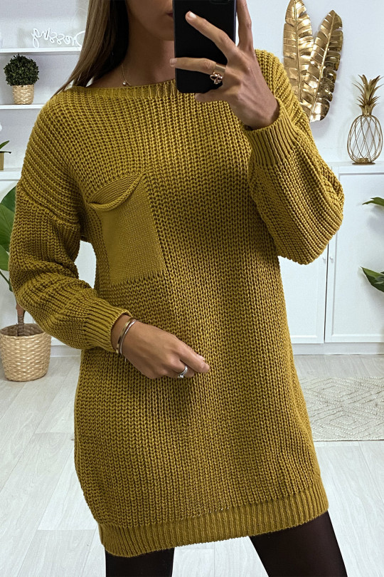 Falling mustard sweater dress with chest pocket - 3