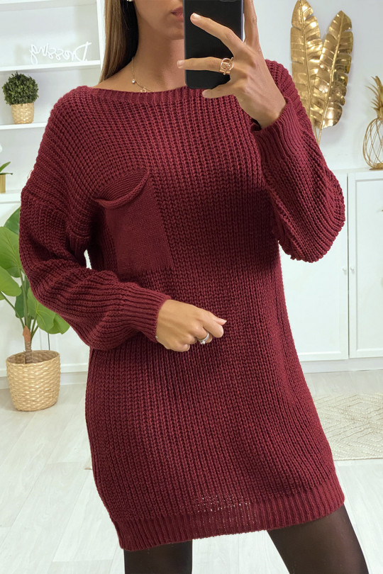 Falling burgundy sweater dress with bust pocket - 1
