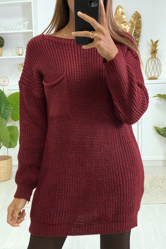 Falling burgundy sweater dress with bust pocket - 2