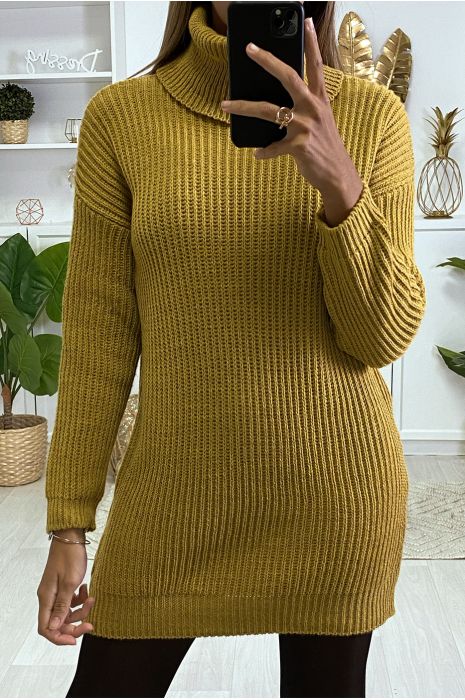 Robe pull moutarde col roulé bien épais et tombant - 3