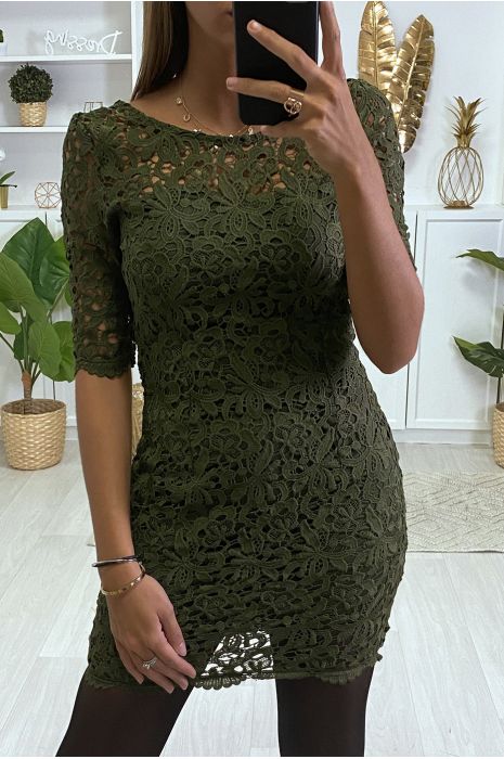 Robe en dentelle kaki doublé avec fermeture au dos - 2