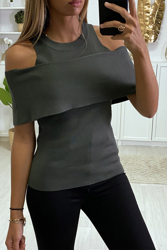 Very thick khaki boat neck tank top sweater - 3