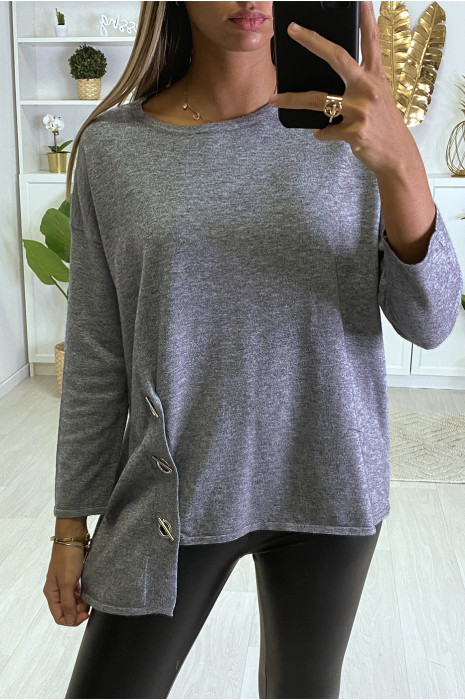Pull gris pour femme très doux avec oeillets et attaches sur les cotés. - 2