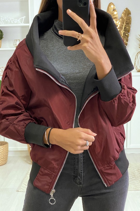 Burgundy bomber jacket with very trendy dropped collar - 1
