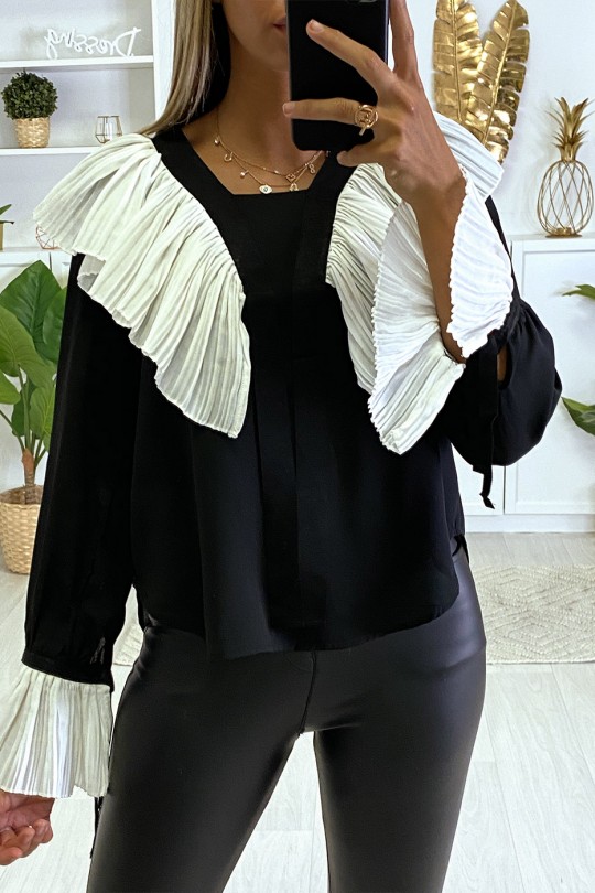 Black crepe blouse with pleated ruffle in white - 1