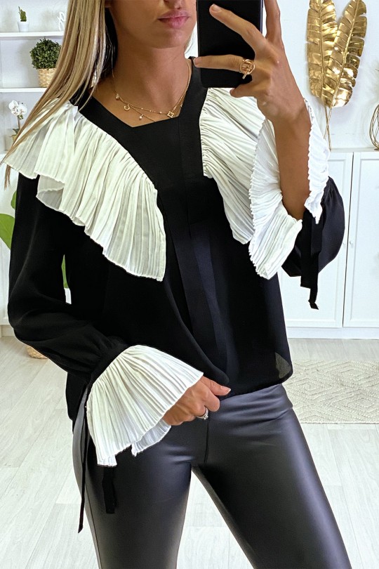 Black crepe blouse with pleated ruffle in white - 2