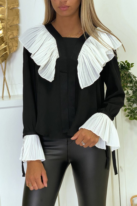 Zwarte crêpe blouse met geplooide ruche in wit - 3