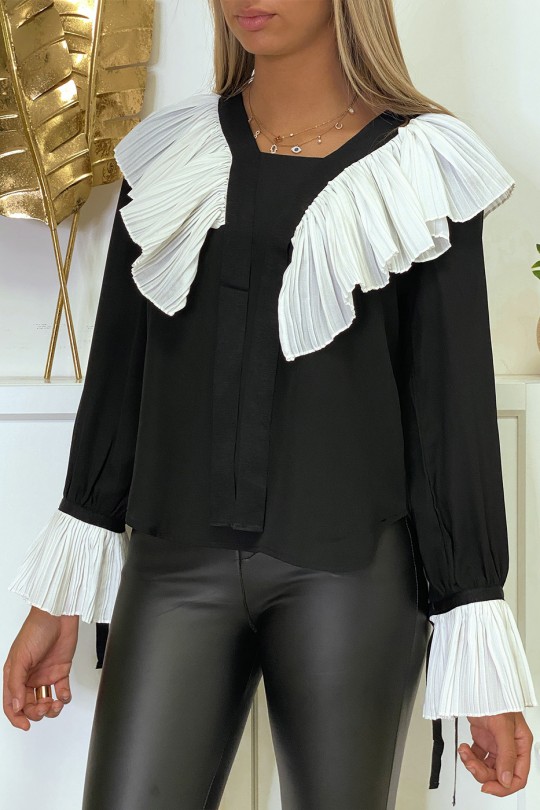 Black crepe blouse with pleated ruffle in white - 5