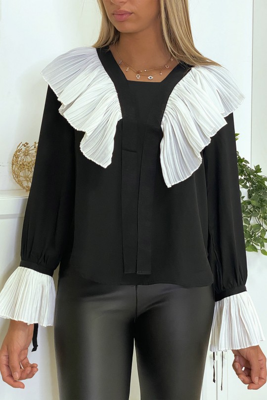 Black crepe blouse with pleated ruffle in white - 6