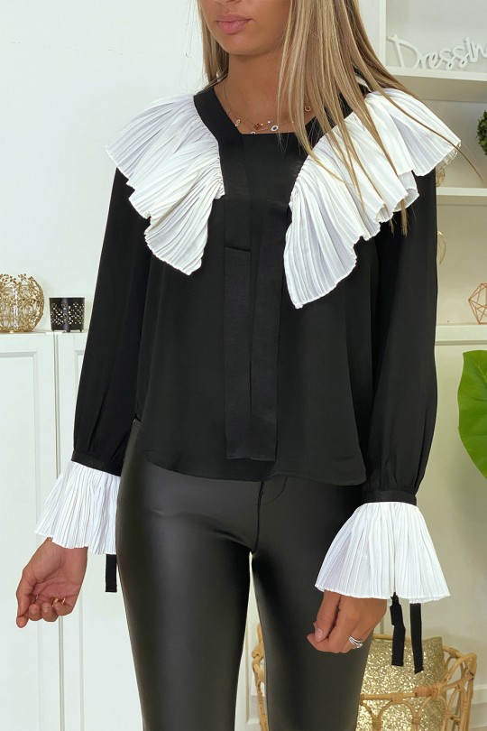 Zwarte crêpe blouse met geplooide ruche in wit - 8