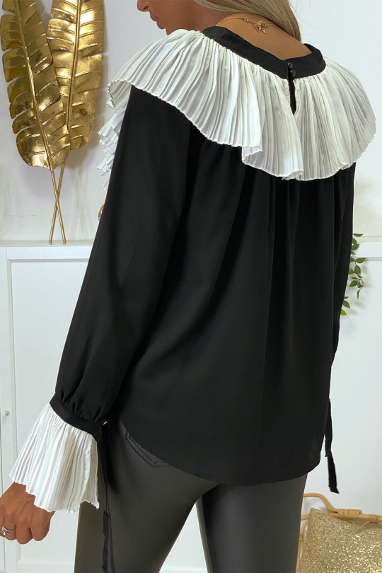 Zwarte crêpe blouse met geplooide ruche in wit - 9