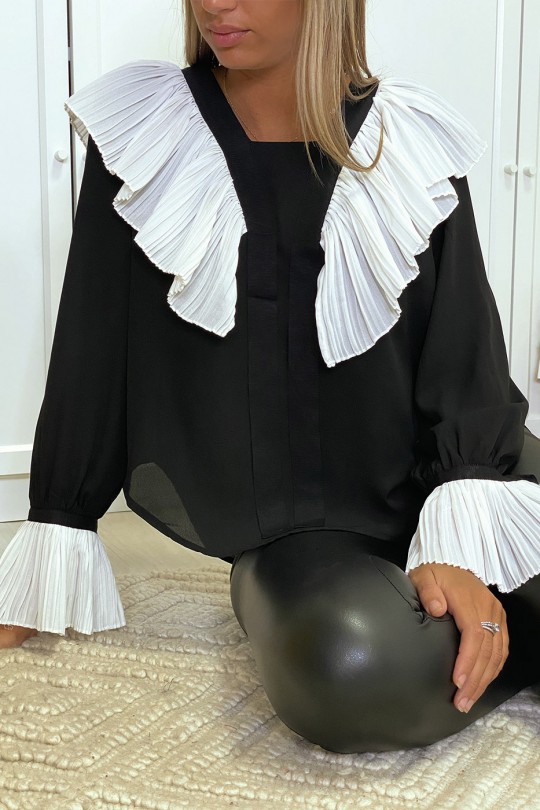 Zwarte crêpe blouse met geplooide ruche in wit - 10