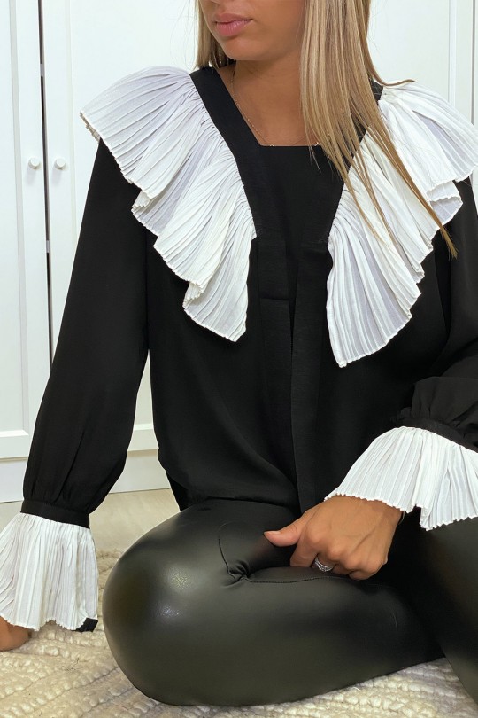 Zwarte crêpe blouse met geplooide ruche in wit - 11