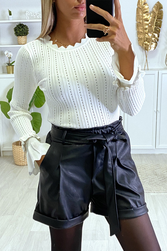 White ribbed sweater with frill and sleeve accessory - 1