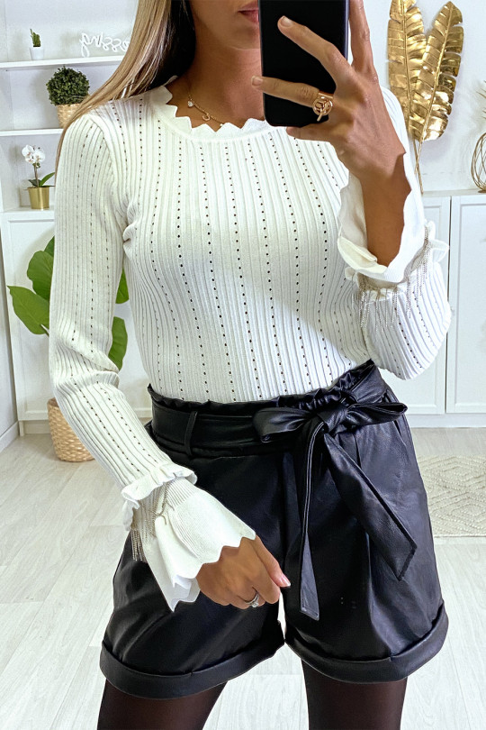 White ribbed sweater with frill and sleeve accessory - 3
