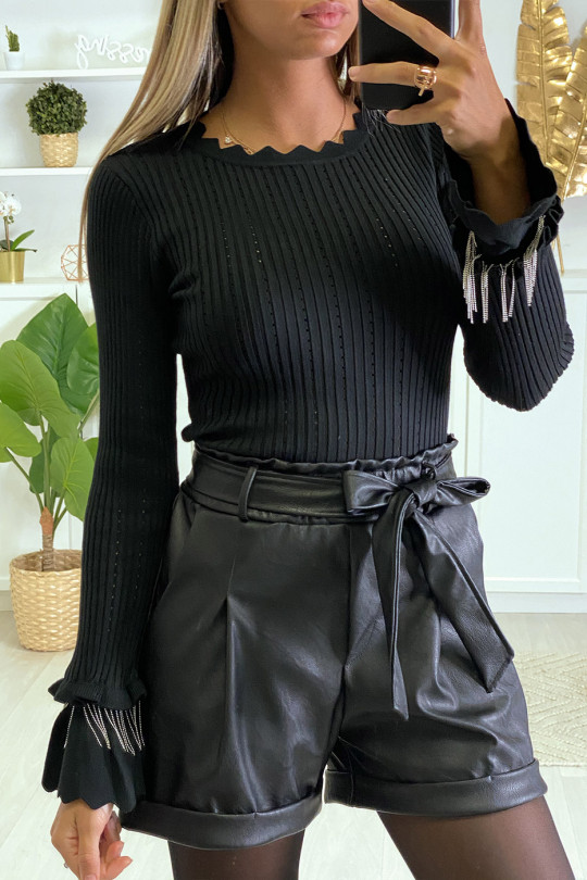 Black ribbed sweater with frill and sleeve accessory - 1