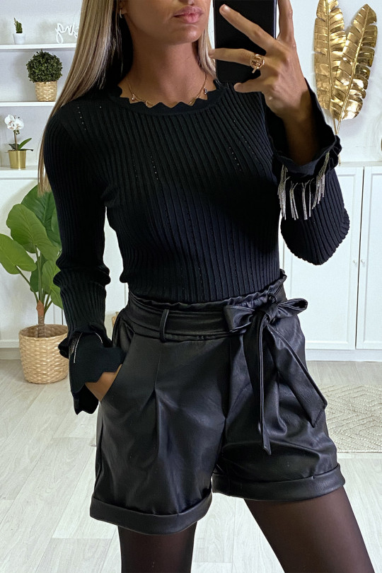 Black ribbed sweater with frill and sleeve accessory - 2
