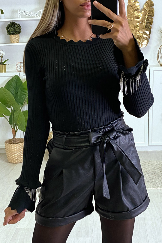 Black ribbed sweater with frill and sleeve accessory - 3