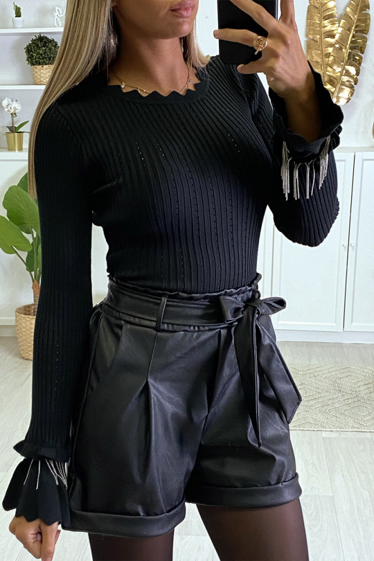 Black ribbed sweater with frill and sleeve accessory - 5