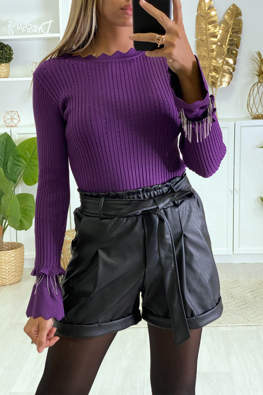 Geribbelde paarse sweater met ruche en mouwaccessoire - 1