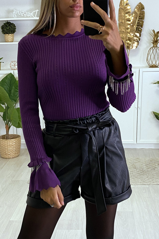 Ribbed purple sweater with ruffle and sleeve accessory - 2