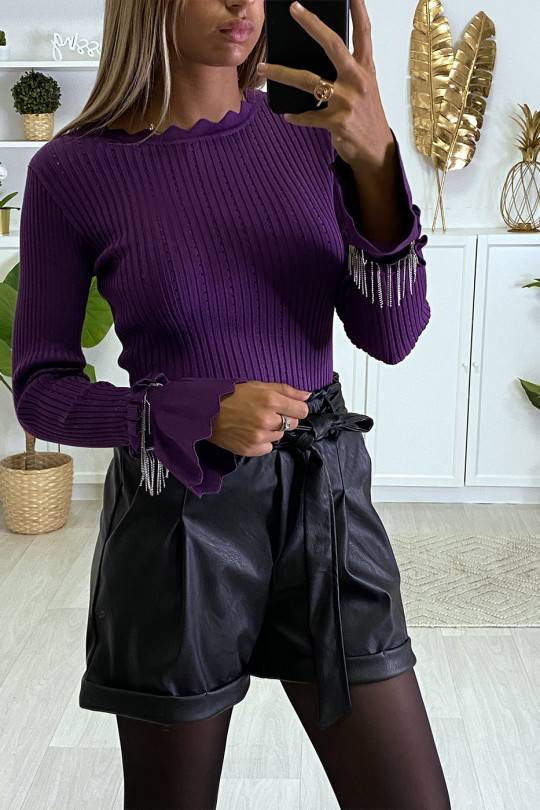 Geribbelde paarse sweater met ruche en mouwaccessoire - 3