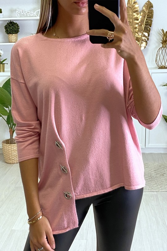 Very soft pink sweater for women with eyelets and ties on the sides. - 1