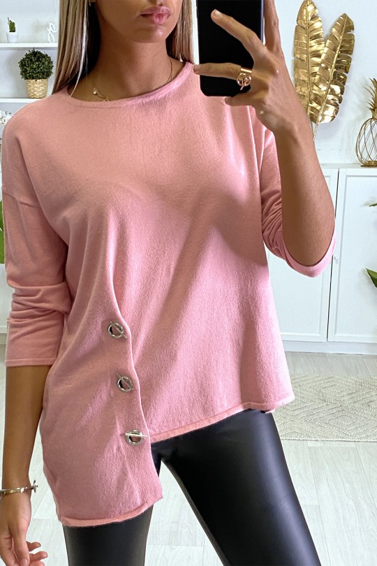 Very soft pink sweater for women with eyelets and ties on the sides. - 2