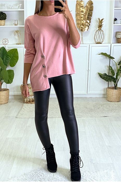 Pull rose pour femme très doux avec oeillets et attaches sur les cotés. - 3