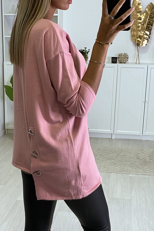 Very soft pink sweater for women with eyelets and ties on the sides. - 4