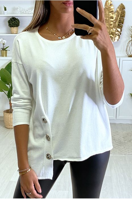Pull blanc pour femme très doux avec oeillets et attaches sur les cotés. - 2