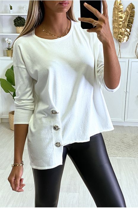 Pull blanc pour femme très doux avec oeillets et attaches sur les cotés. - 3
