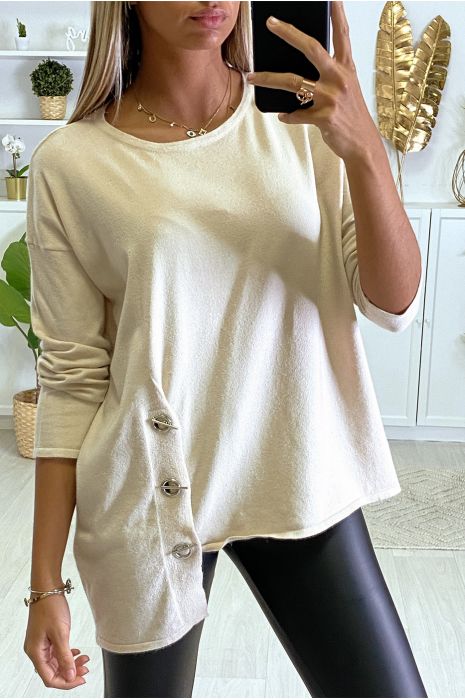 Very soft beige sweater for women with eyelets and ties on the sides. - 1