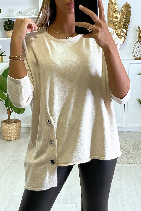 Very soft beige sweater for women with eyelets and ties on the sides. - 2