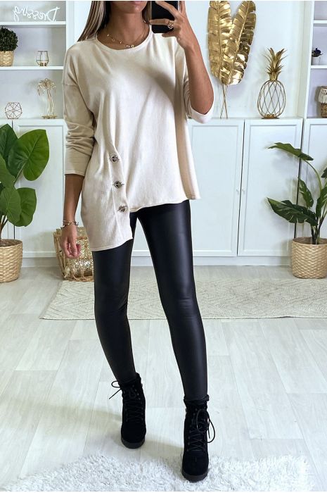 Very soft beige sweater for women with eyelets and ties on the sides. - 3