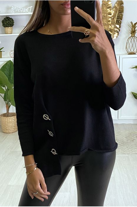 Pull noir pour femme très doux avec oeillets et attaches sur les cotés. - 2