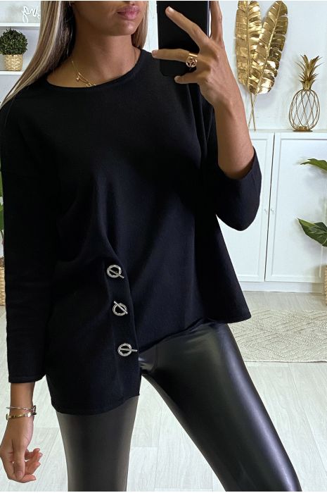 Pull noir pour femme très doux avec oeillets et attaches sur les cotés. - 3