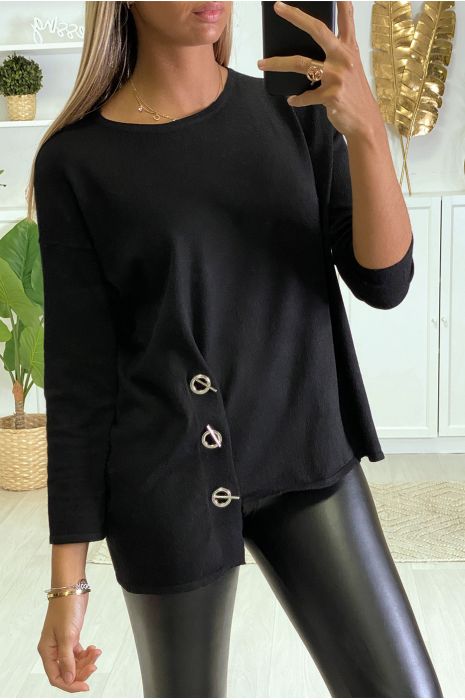 Pull noir pour femme très doux avec oeillets et attaches sur les cotés. - 4