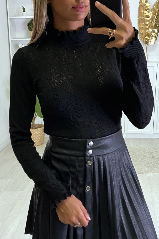 Zwarte sweater met jacquardpatroon met ruches aan de kraag en mouwen - 2