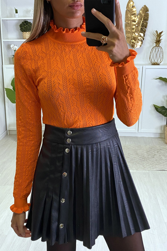 Oranje jacquardpatroon sweater met ruches aan de kraag en mouwen - 1