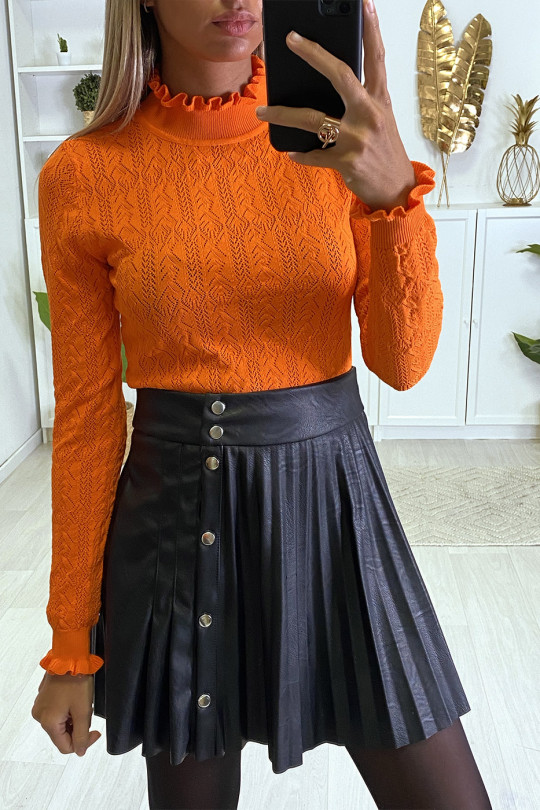 Orange jacquard pattern sweater with frills at collar and sleeves - 2