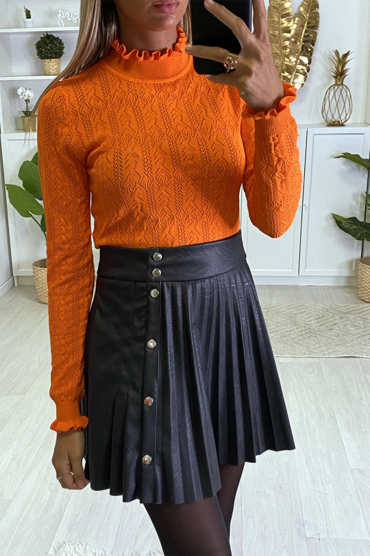 Orange jacquard pattern sweater with frills at collar and sleeves - 3