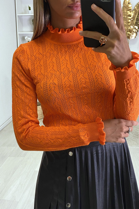 Oranje jacquardpatroon sweater met ruches aan de kraag en mouwen - 4
