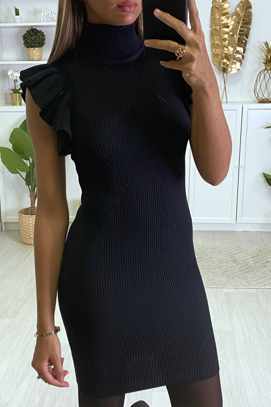 Black ribbed turtleneck sweater dress with ruffle on the shoulders - 3