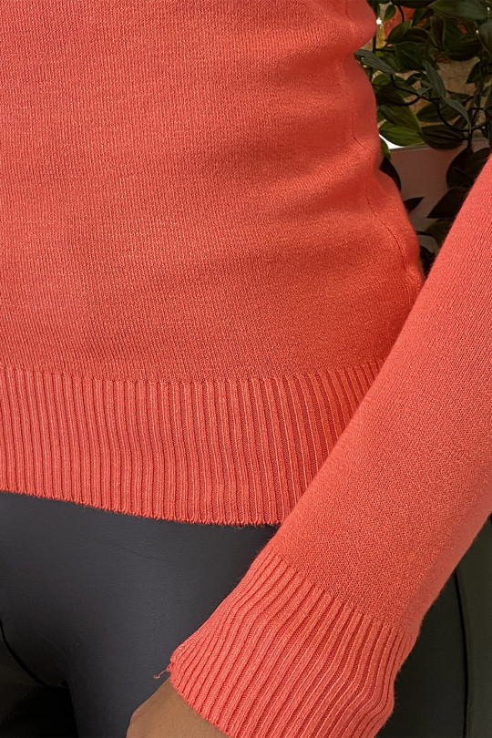 Koraalkleurige sweater met ronde hals van zeer rekbaar en zeer zacht breisel - 4